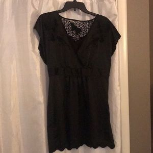 Silky Black Flower-Stitched Romper Dress